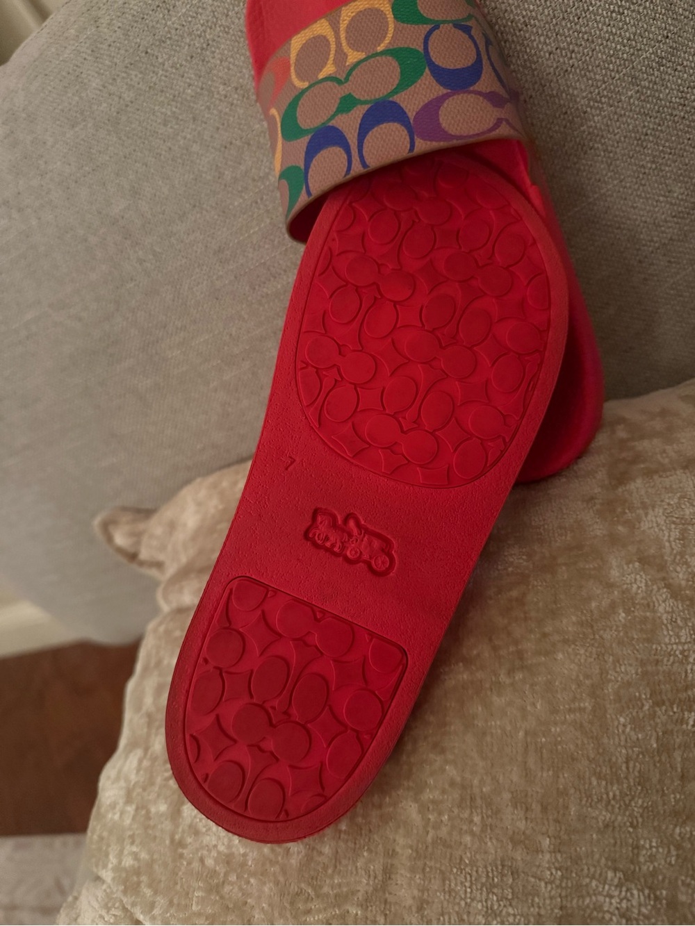 Coach unisex Rainbow Signature Slide Sandals with Red Footbed - Picture 3 of 8